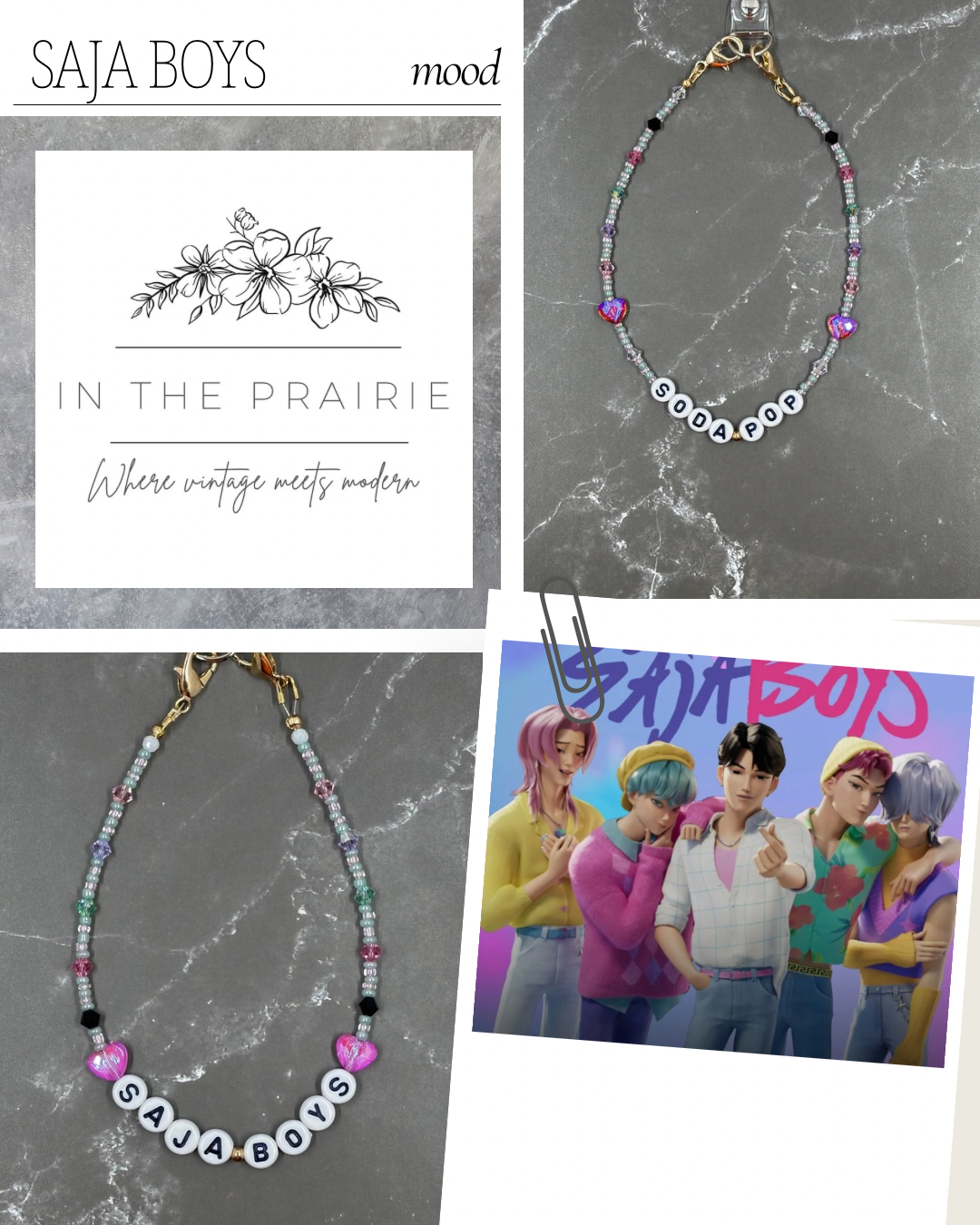 Jewelry with 'Saja Boys' branding on a gray marble background, featuring a necklace and bracelet.